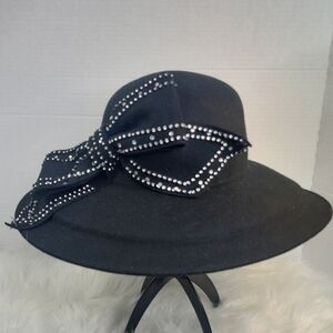 Fine Millinery Black Wool Wide Brim Derby Hat‎ with Rhinestone Bow